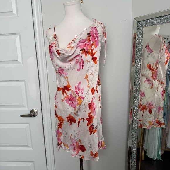 Zara Floral Cowl Neck Dress sun dress satin glam cottage tropical L - Picture 3 of 7
